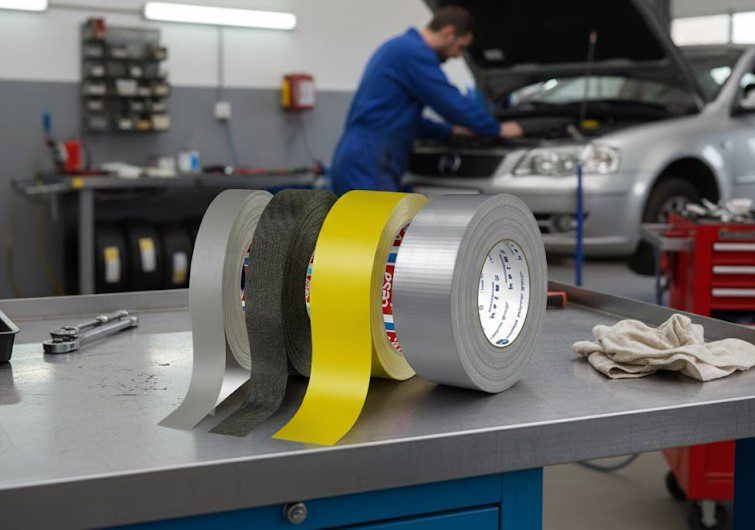 Our line-up of automotive tapes: Automotive Tape, Matted Cloth Tape, Coloured Tape, and Duct Tape.