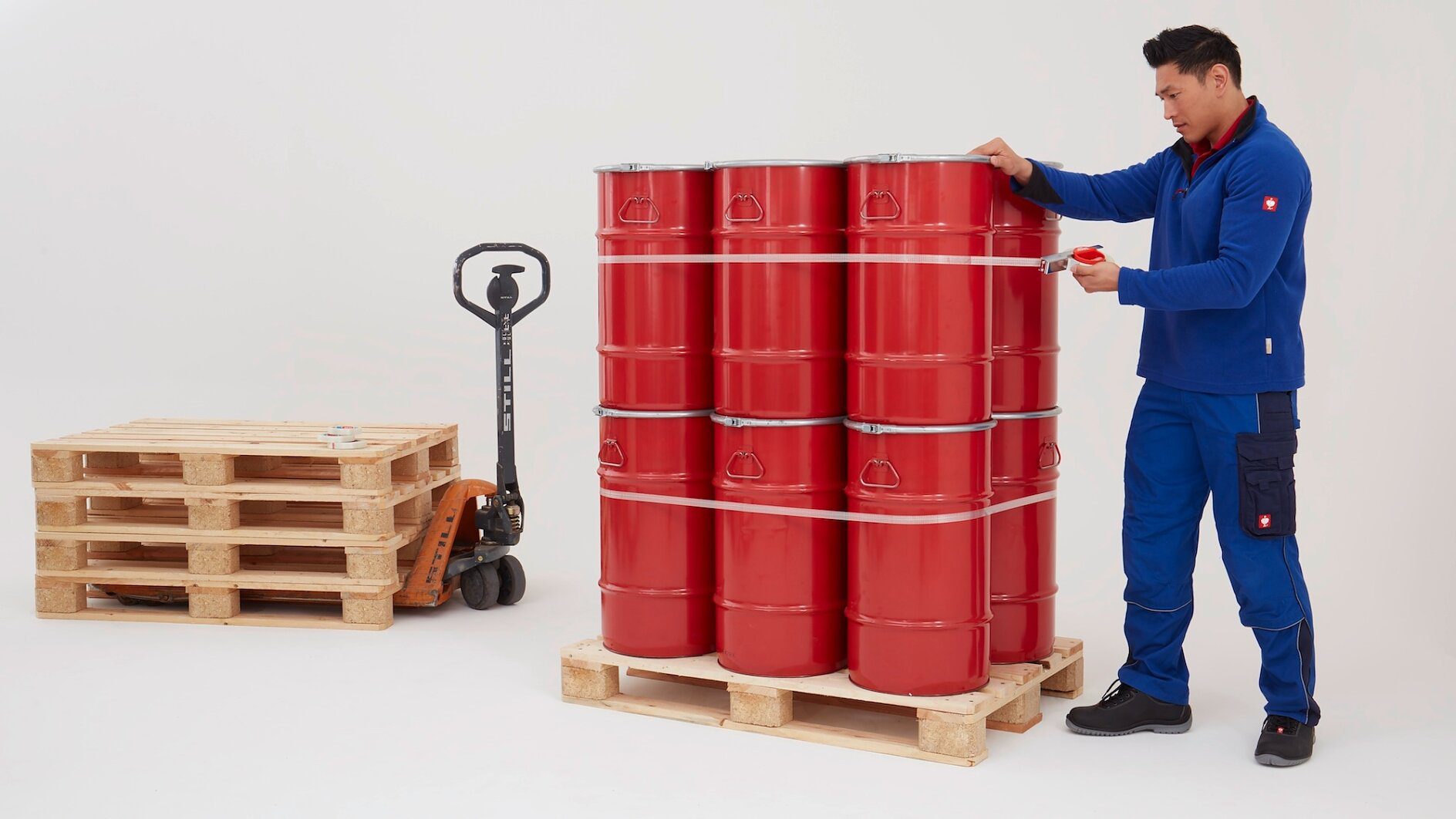 Filament tape used to strap together 12 barrels on a skid.