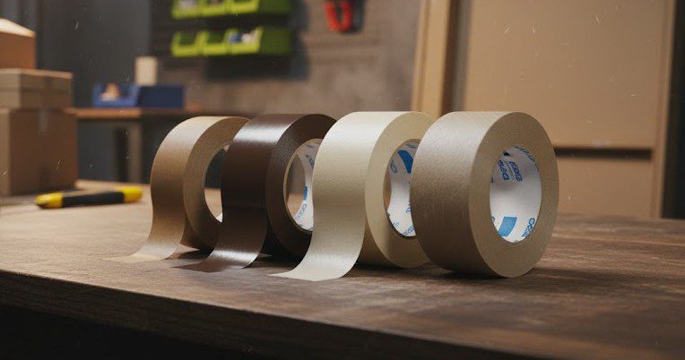 Line-up of masking/general use tapes: Masking Tape, General Purpose Tape, Cellulose Tape, and Gummed Tape