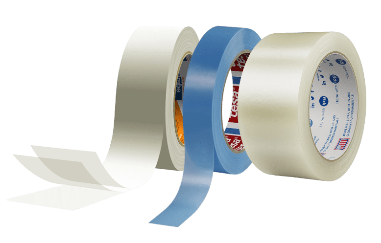 A side by side comparison of our three unique packaging tapes: hot melt tape, freezer tape, and carton sealing tape.