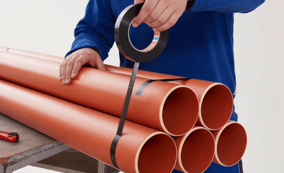 Applying Tesa strapping tape to a set of five large tubes.