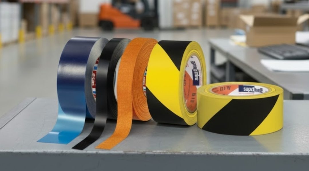 A line-up of our industrial tapes - strapping tapes, vinyl bundling tapes, vinyl marking tapes, and polyethylene tapes